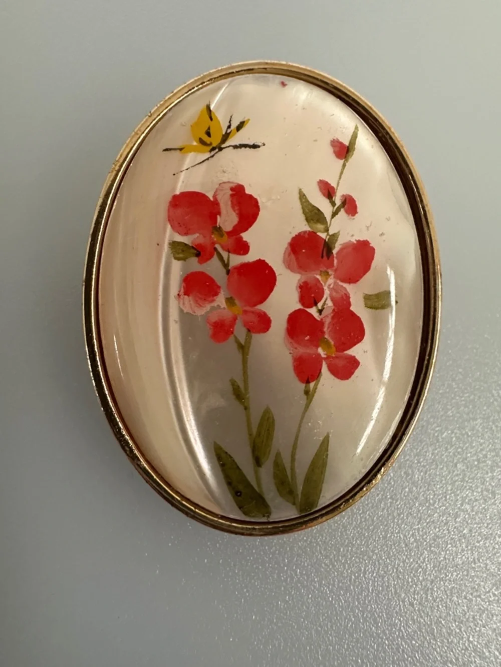 Vintage Red and Green Floral Glass Dome Brooch